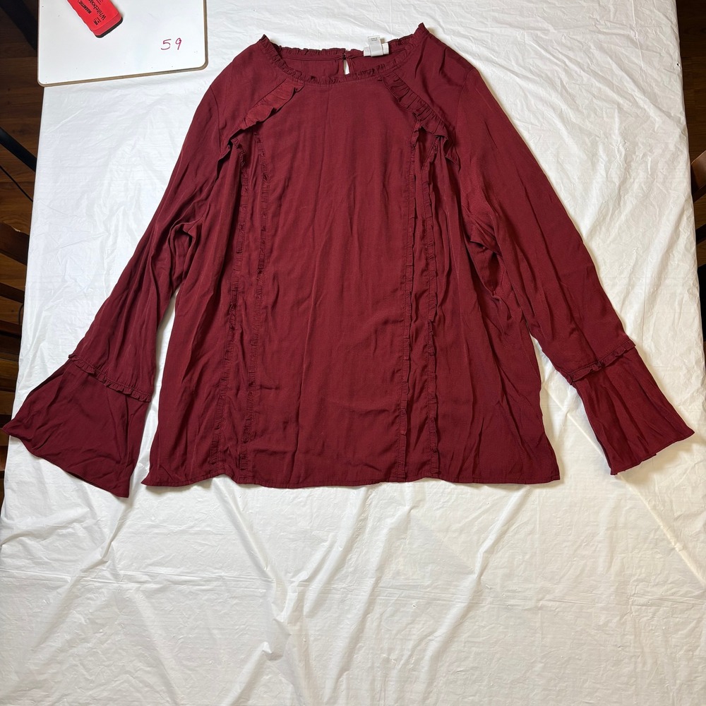 Ava & Viv Burgundy Bell Sleeve Ruffle Trim Long Sleeve Top Plus‎ Size 3X